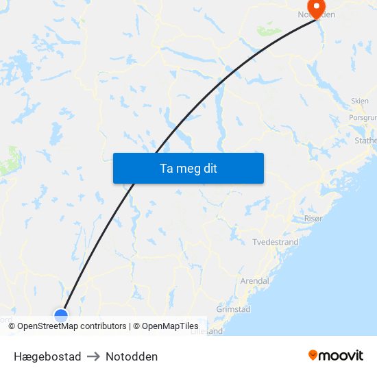 Hægebostad to Notodden map