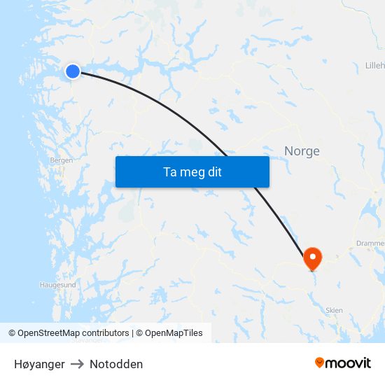 Høyanger to Notodden map