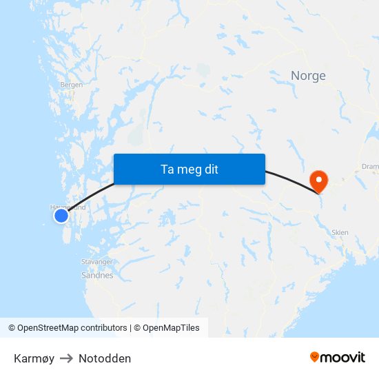 Karmøy to Notodden map