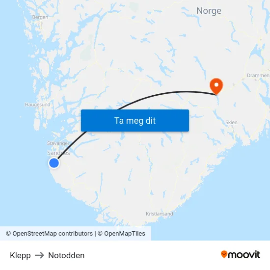 Klepp to Notodden map