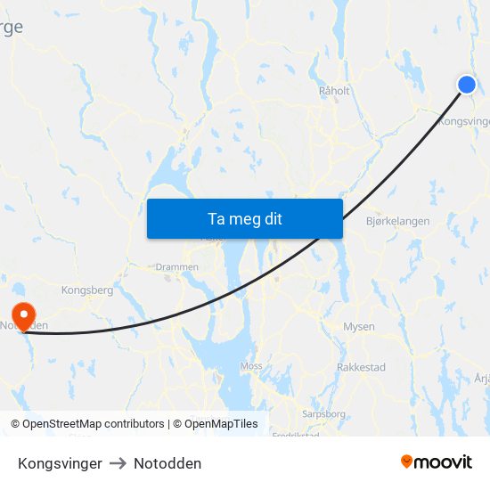 Kongsvinger to Notodden map