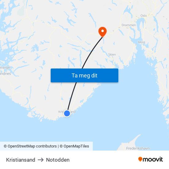 Kristiansand to Notodden map