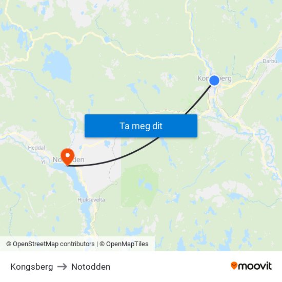 Kongsberg to Notodden map