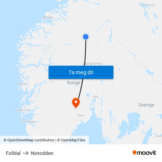 Folldal to Notodden map