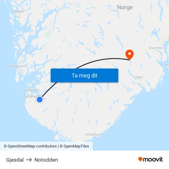 Gjesdal to Notodden map