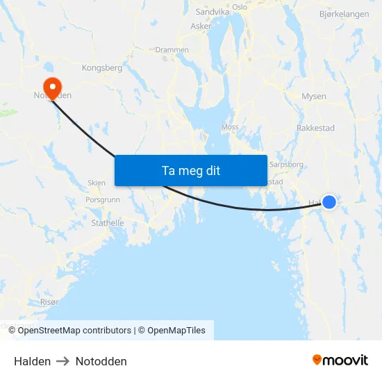 Halden to Notodden map