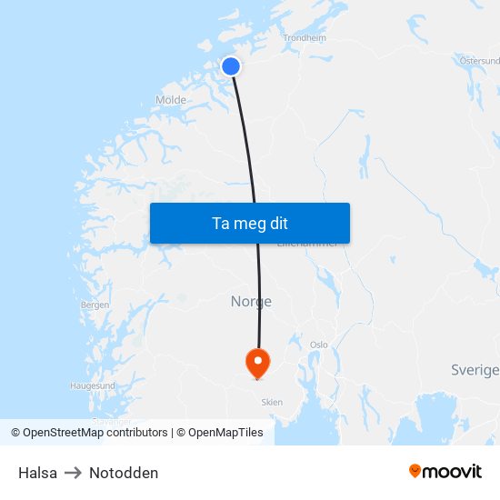 Halsa to Notodden map