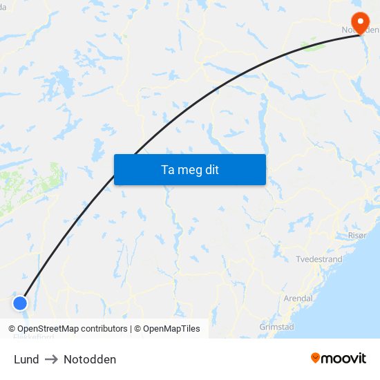 Lund to Notodden map