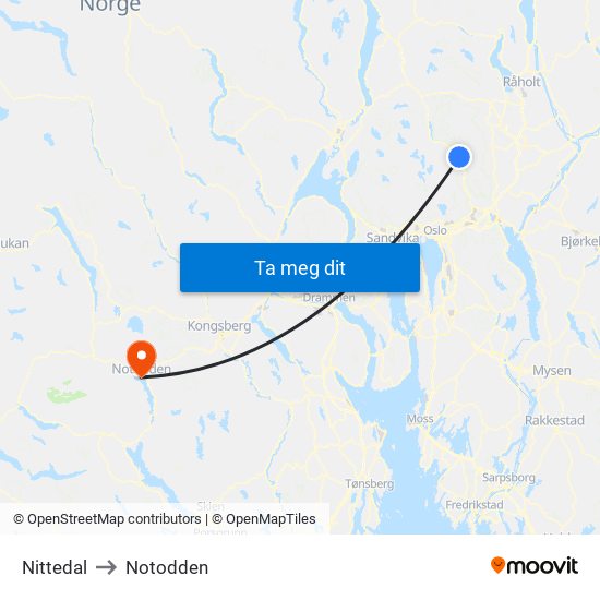 Nittedal to Notodden map