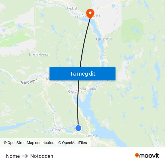 Nome to Notodden map