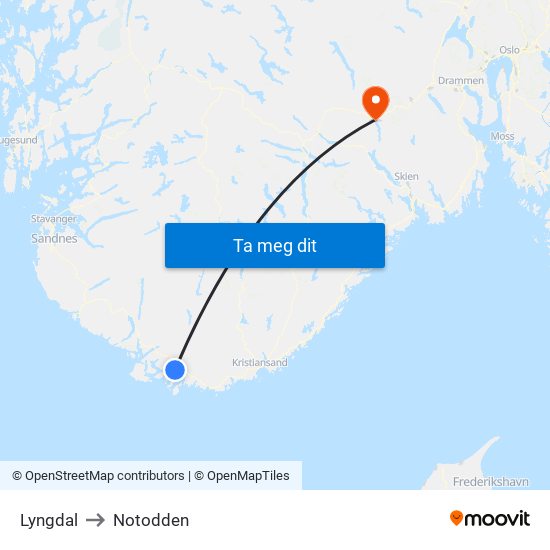 Lyngdal to Notodden map