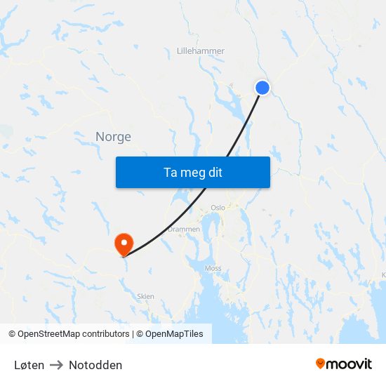 Løten to Notodden map