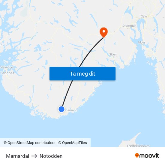 Marnardal to Notodden map