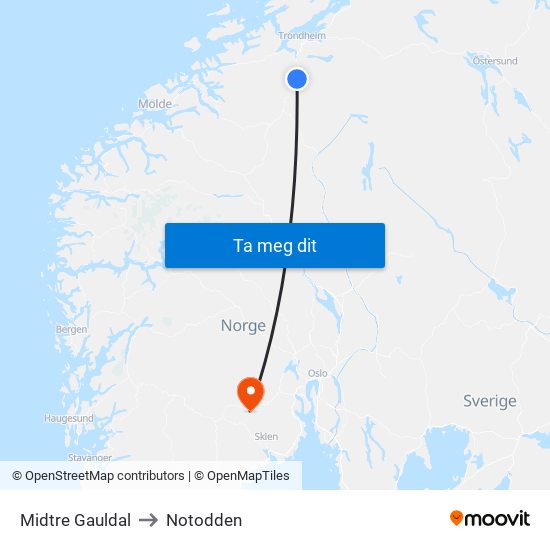 Midtre Gauldal to Notodden map
