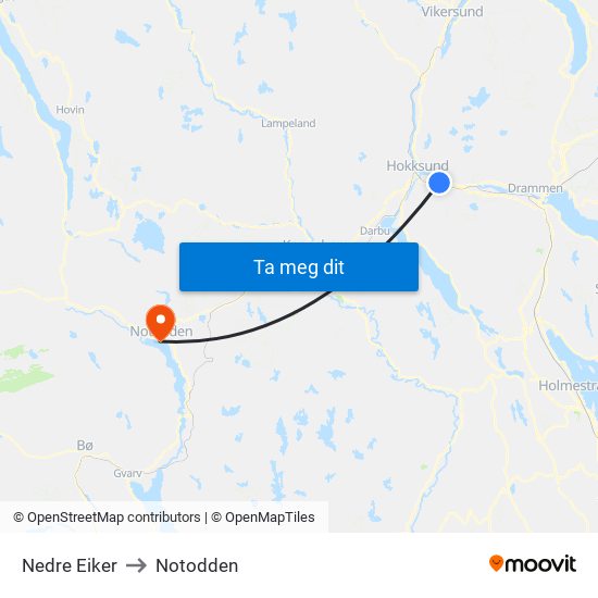 Nedre Eiker to Notodden map