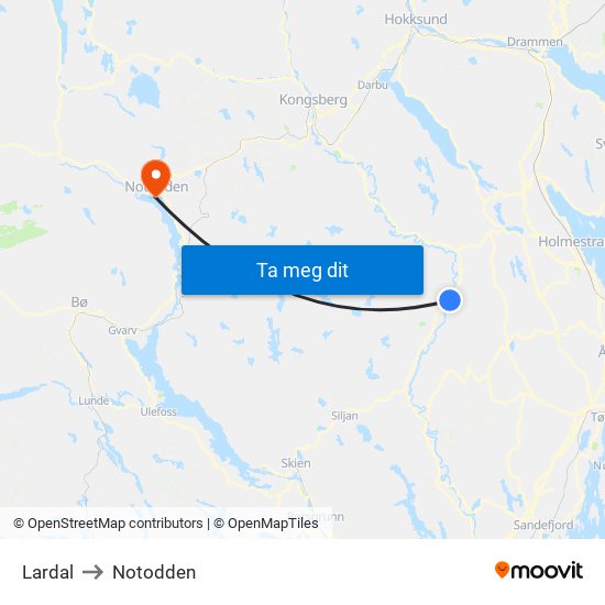 Lardal to Notodden map