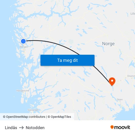 Lindås to Notodden map