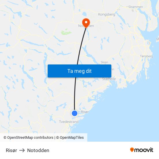 Risør to Notodden map