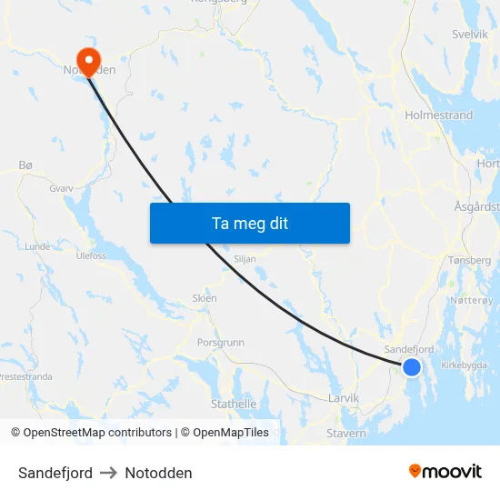 Sandefjord to Notodden map