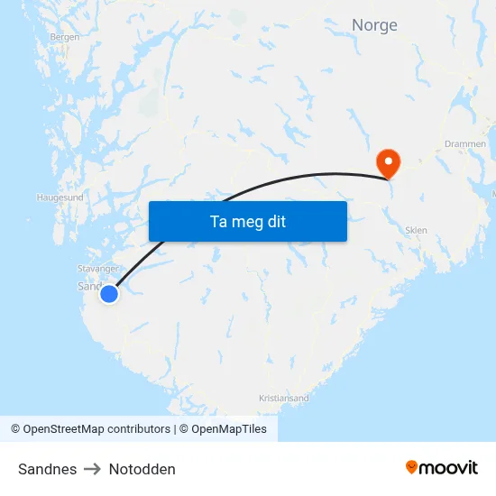 Sandnes to Notodden map