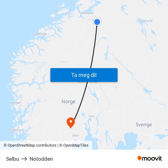 Selbu to Notodden map