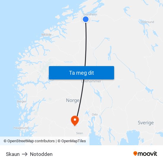 Skaun to Notodden map