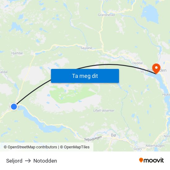 Seljord to Notodden map