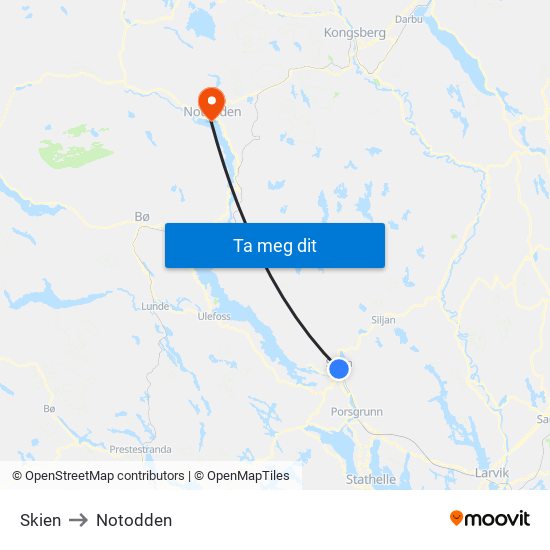 Skien to Notodden map