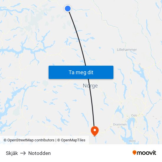 Skjåk to Notodden map