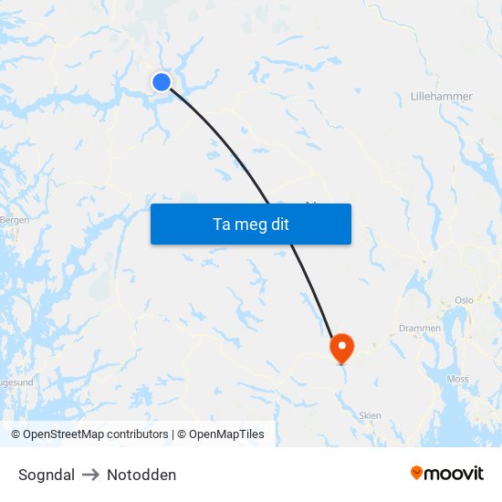Sogndal to Notodden map