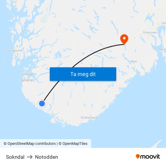 Sokndal to Notodden map