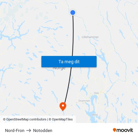 Nord-Fron to Notodden map