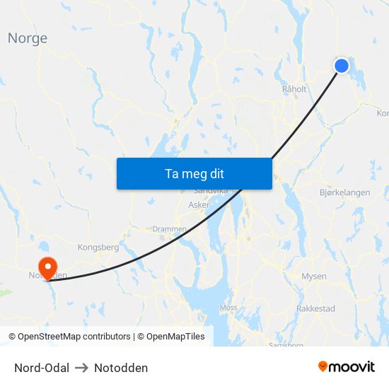 Nord-Odal to Notodden map