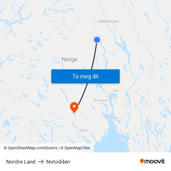 Nordre Land to Notodden map