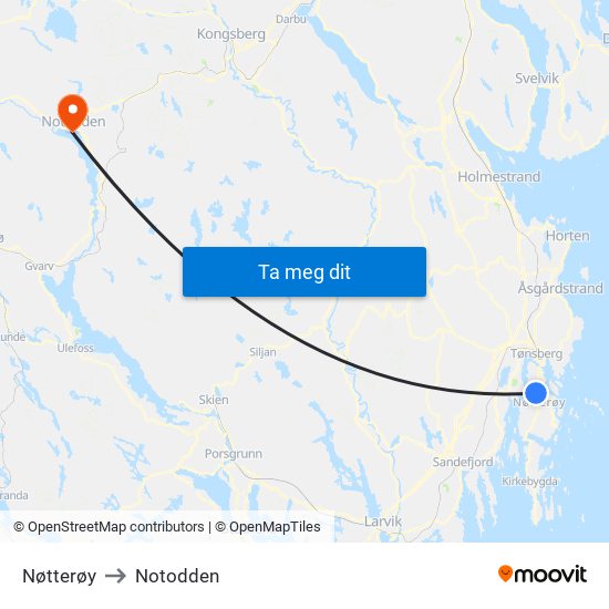 Nøtterøy to Notodden map