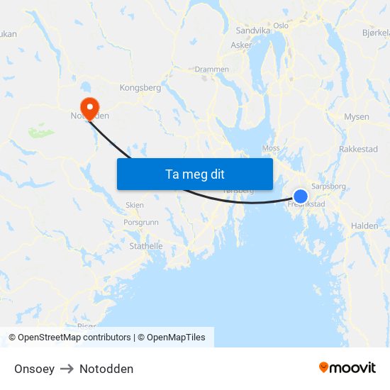 Onsoey to Notodden map