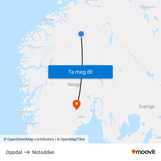 Oppdal to Notodden map