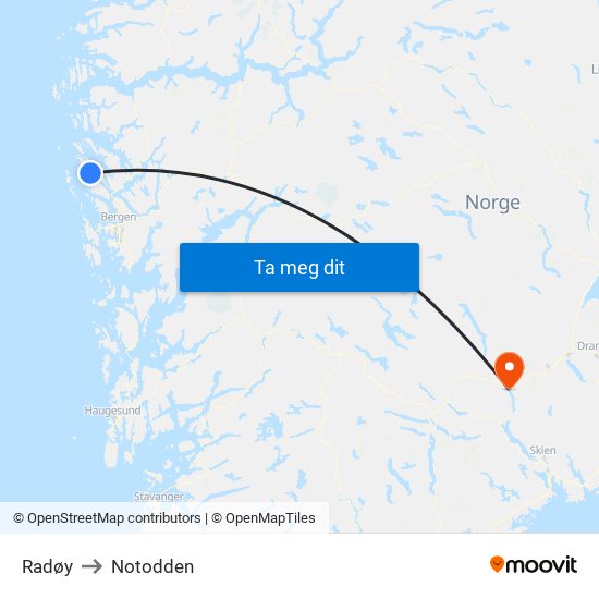 Radøy to Notodden map