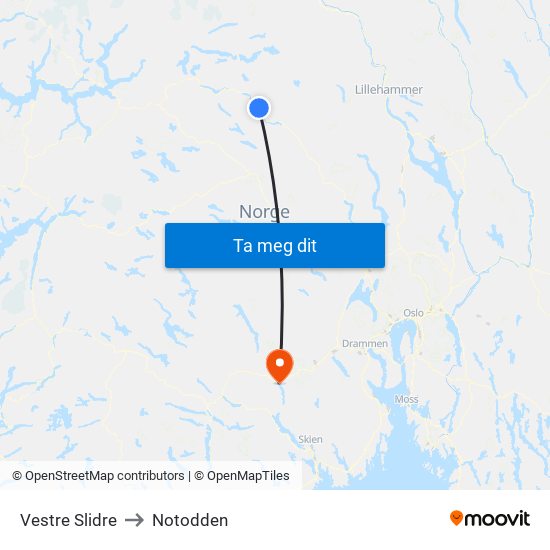 Vestre Slidre to Notodden map