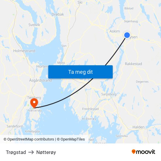 Trøgstad to Nøtterøy map