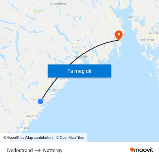 Tvedestrand to Nøtterøy map