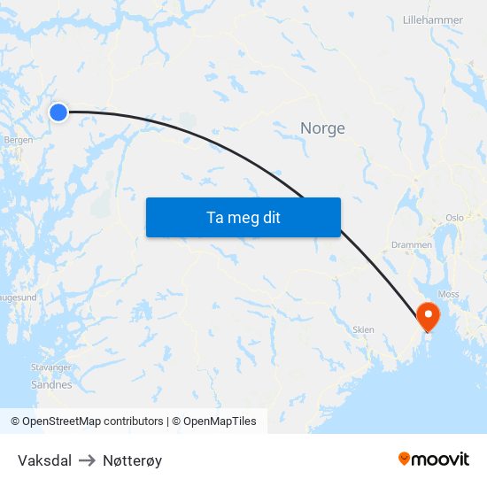 Vaksdal to Nøtterøy map