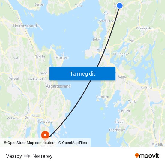 Vestby to Nøtterøy map