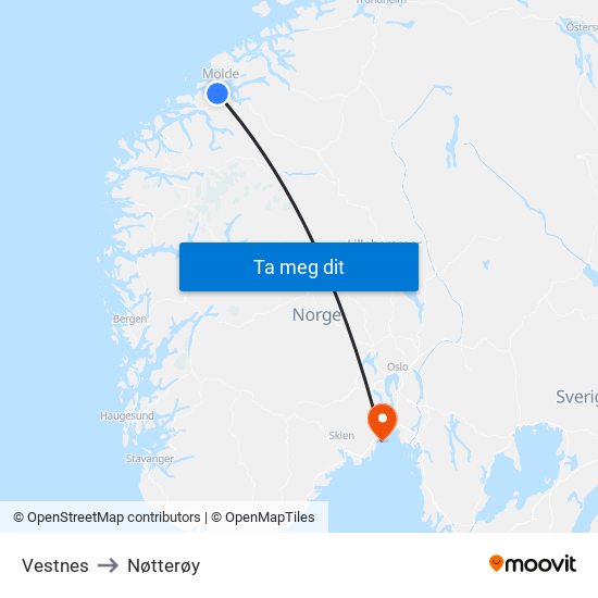 Vestnes to Nøtterøy map