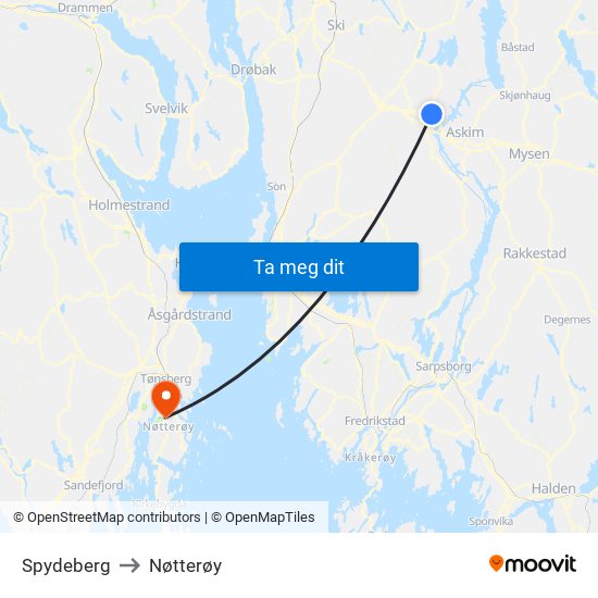 Spydeberg to Nøtterøy map