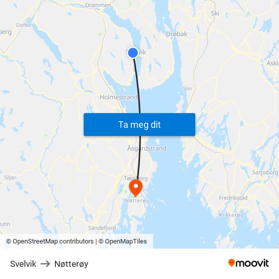 Svelvik to Nøtterøy map