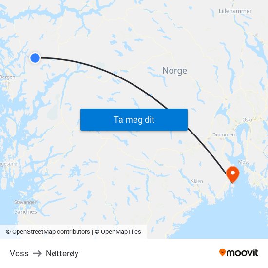 Voss to Nøtterøy map