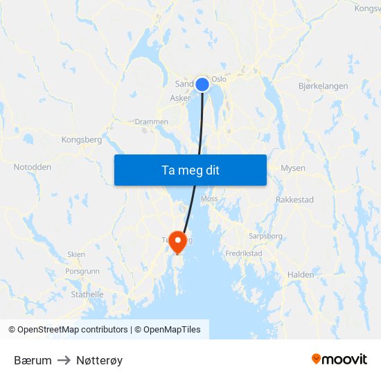 Bærum to Nøtterøy map