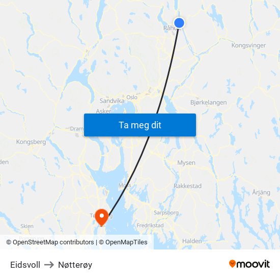 Eidsvoll to Nøtterøy map