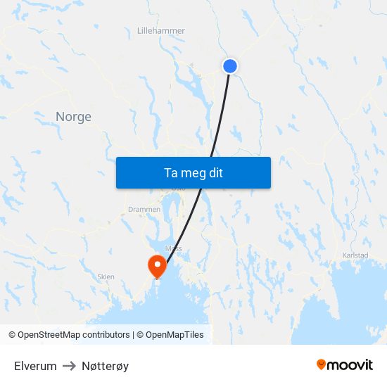 Elverum to Nøtterøy map